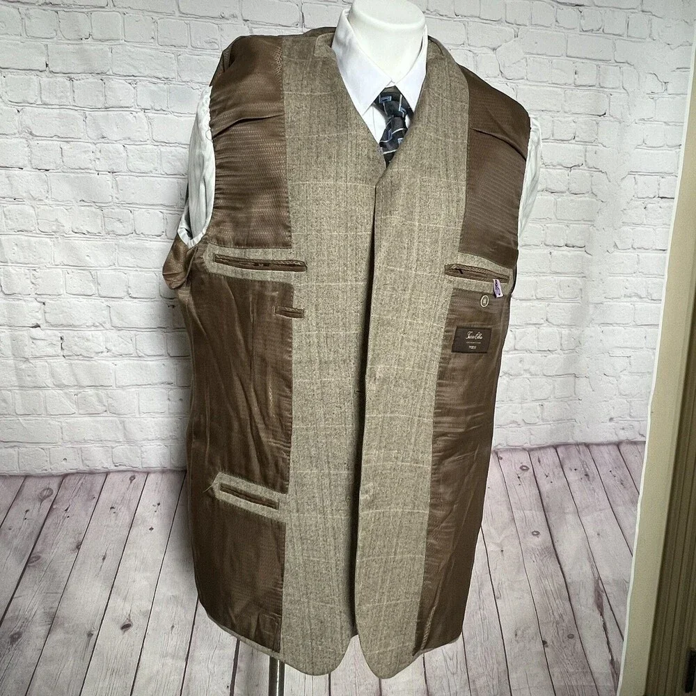 Tasso Elba Mens 44L Plaid Herringbone Blazer Silk Wool Blend Sport Coat Jacket